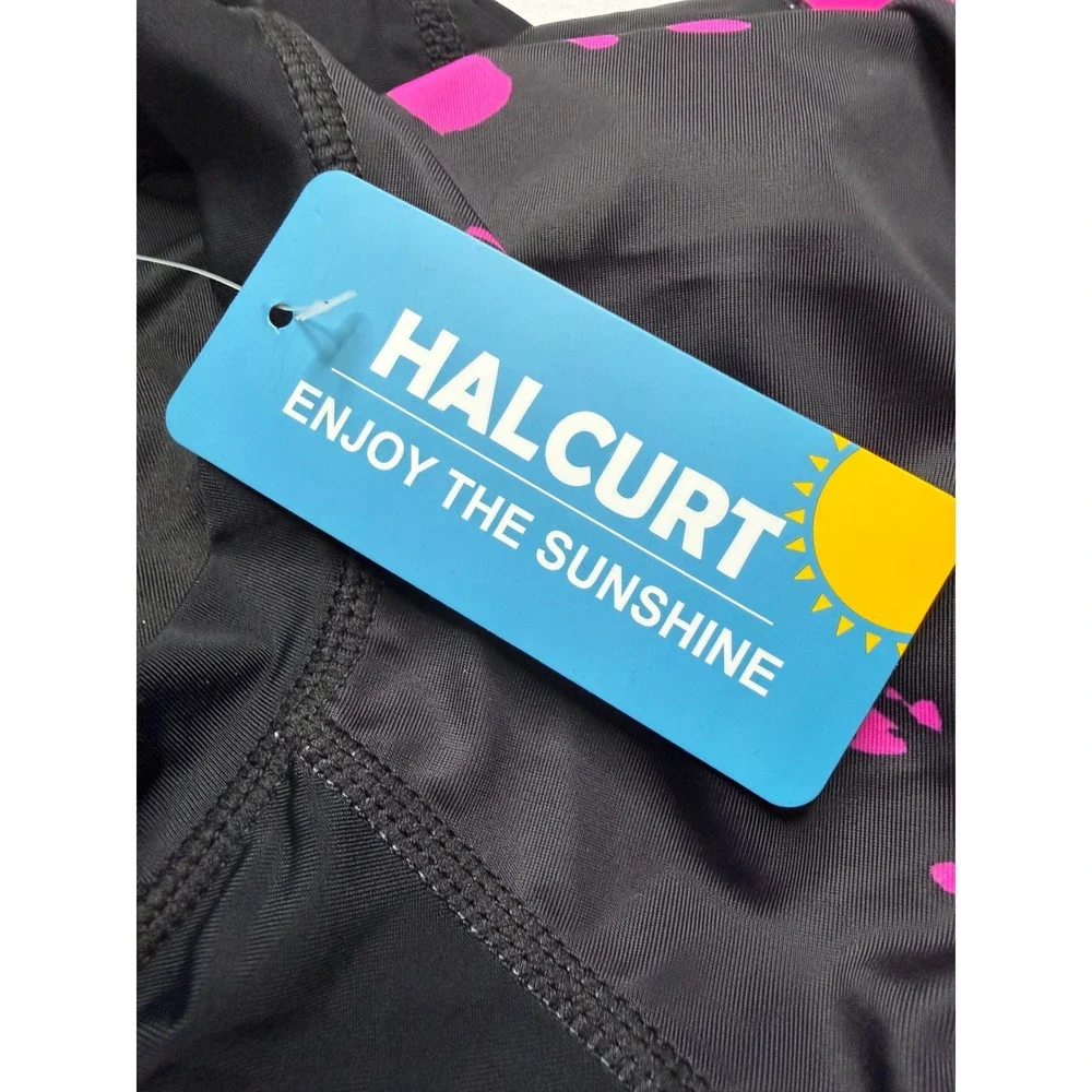 Halcurt Womens Rash Guard Swim Shirt Black Pink Splatter Short Sleeve XL NEW